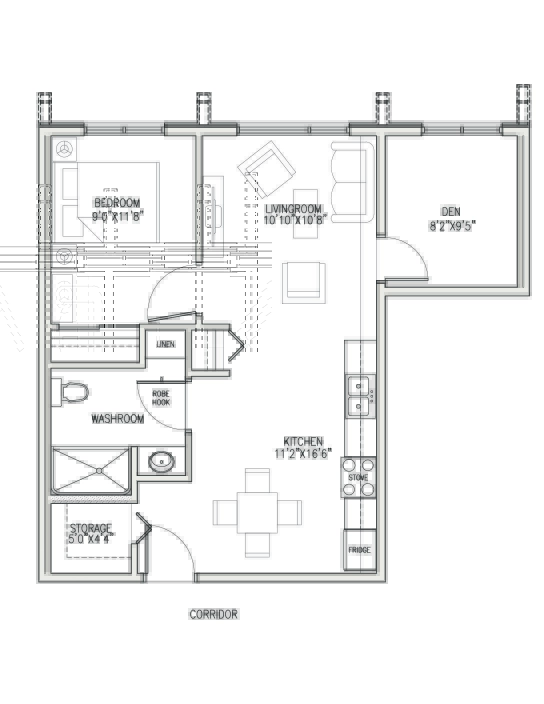 View or Print PDF of 1 Bedroom plus den floor plan in new tab